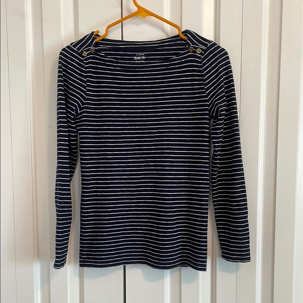 J. Crew White and Navy Fitted Sailor Collar Long Sleeve Top